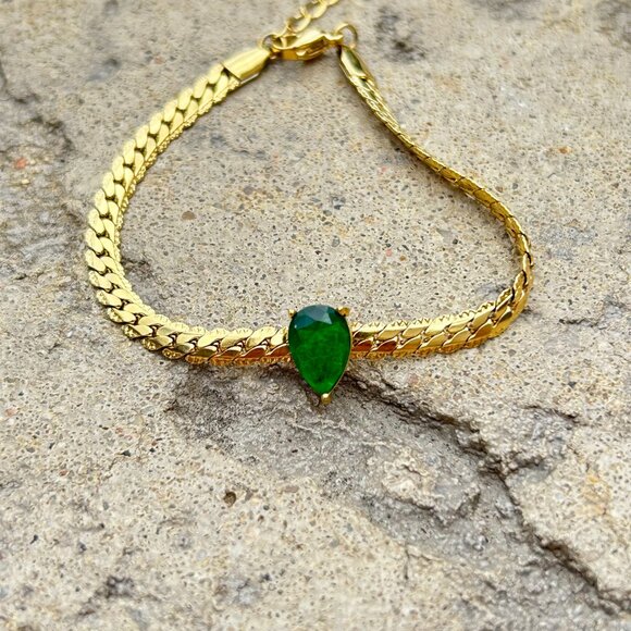 18K Gold Plated Green Crystal Necklace Bracelet Set - Picture 6 of 7